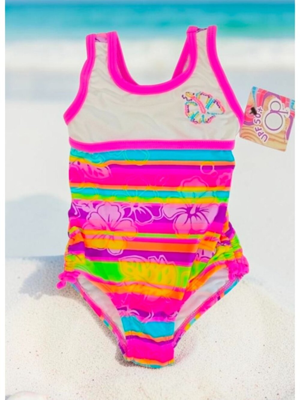 Girls Floral Striped Swimsuit With UPF 50+ Protection Size 12M Multicolor Stripe